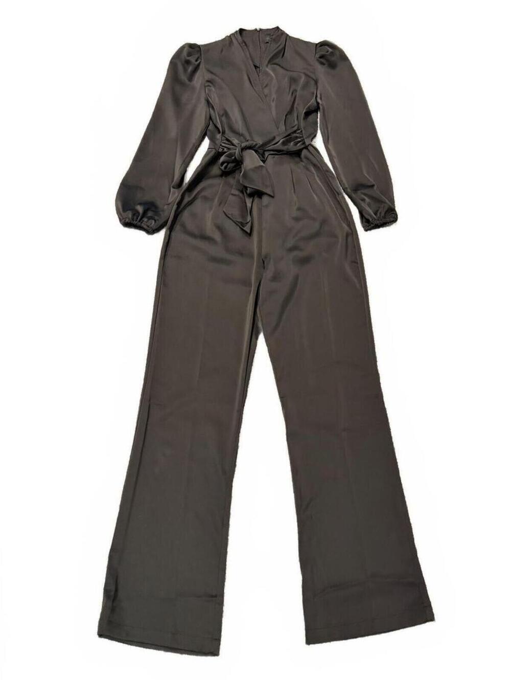 Kendall & Kylie Black Satin Bell Sleeve Jumpsuit Tie Waist‎ Wide Leg Size Small